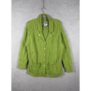 Aran Crafts Cardigan Sweater Womens Size L Green 100% Merino Wool Cable Knit